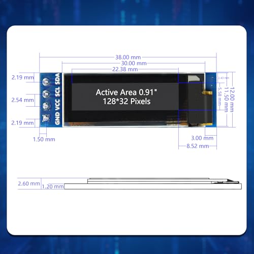 Image of 5 Pcs 0.91 Inch I2C OLED Display Module, 128x32 Pixel SSD1306 Luminous OLED Screen Board Compatible with Arduino Raspberry Pi ESP32 (Blue)