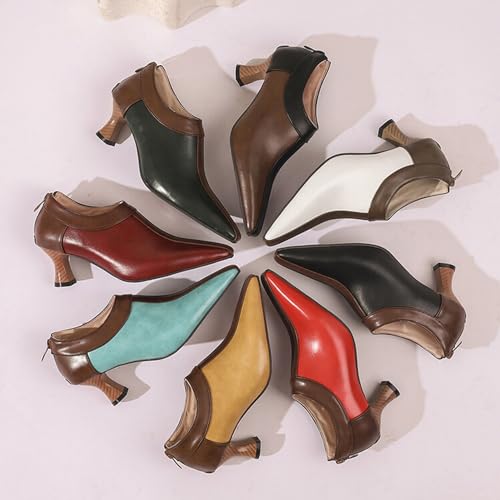 Alyaafifa Kitten Heel Booties Pumps for Women Closed Pointed Toe 2 Inches Low Heel Ankle Boots Shooties with Zipper Two Tone Matte Leather Vintage Office Working Party Event Prom3