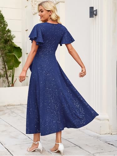 Image of Long Black Formal Dresses for Women Gowns Evening Party Cocktail Dress,Split Elegant V Neck Wrap Ruffle Wedding Guest Dresses