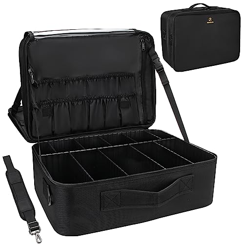 Relavel Extra Large Makeup Case Travel Makeup Train Case Professional Makeup Artist Bag Portable Nail Organizer Box Art Supply Case with Adjustable Dividers and Shoulder Straps, Black Plastic