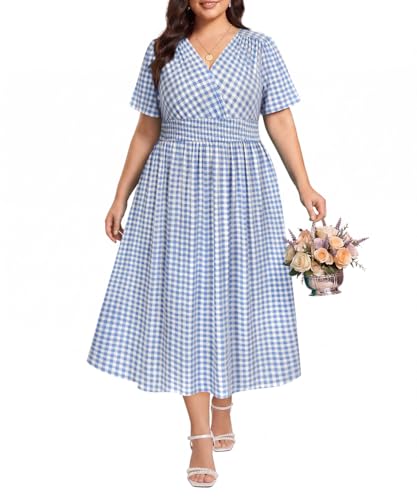 Image of CARCOS Plus Size Dresses for Curvy Women V Neck Summer Maxi Dress Short Sleeve Floral Boho Dress Smocked Waist Beach Dress