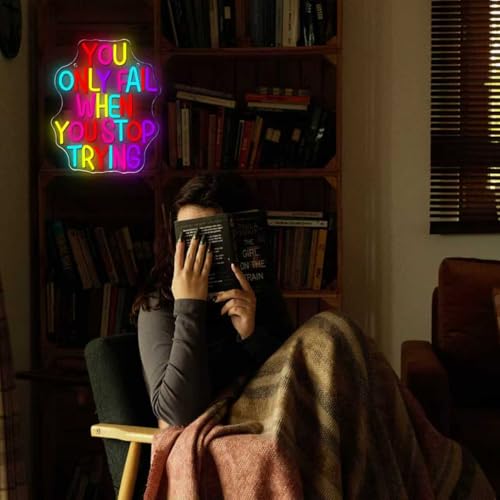 Image of Mutank You Only Fail When You Stop Trying Neon Sign, Motivational Neon Light USB Powered LED Dimmable, for Office Gym Classroom Study Room Library Inspirational Sign(13.8 * 11 In)