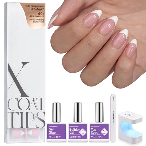BTArtboxnails XCOATTIPS Press on Nails - Short Almond Nail Tips with Nail Gel, French Protecing Duo, Nail Lamp, All in One Soft Gel French Tip Press on Nails Gel Extension