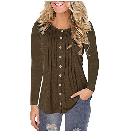 MOTOCO Mujer Camisa de Manga Larga Color SóLido Plisado O-Cuello BotóN Casual Camiseta de Talla Grande Top Blusa(3XL,Color Marrón-sólido)
