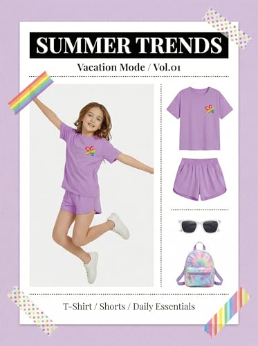 Image of SELINK Girls Travel Outfits Set Rainbow Striped Two Piece Lounge Sets Casual Sweat Tracksuit Matching Runner Shorts