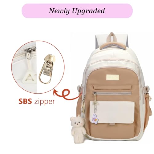 Image of PRLINJSK Girls Backpack for College High Middle School Student, Cute Aesthetic Bookbag for Teens Women with Accessories,Khaki Beige