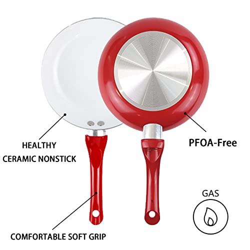 Nonstick Frying Pan Set, 8 Inch Omelet Pan, 9" & 9.5" Ceramic Fry Pans With Glass Lids;Double Layer Coating Ceramic Pan, Skillet Set Of 5 Pcs, Dishwasher Safe (Red) #TOP4