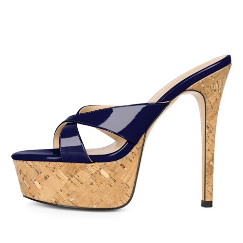 Image of Esvowido Heeled Mules for Women Cork Platform Stiletto Heels Slip on Open Toe High Heeled Sandals Crisscross Slippers Pumps Shoes