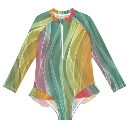 Girls One Piece Swimsuits Long Sleeve Swimsuit Zipper Bathing Suits Rainbow Shiny Stripes