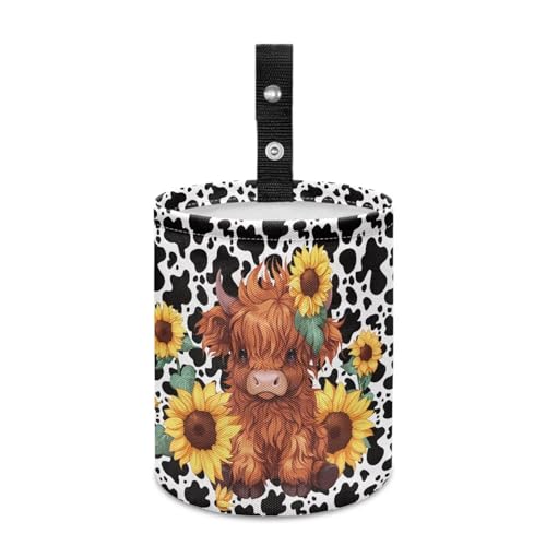 Image of Renewold Car Trash Can with Highland Cow Sunflower Print, Waterproof Car Garbage Can with Button Straps, Foldable Trash Bag Bin, Multipurpose Storage Box for Trip Camping Beach, Birthday Festival Gift