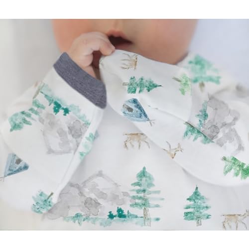 Image of SwaddleDesigns Baby Gift Set, Denim Muslin Swaddle Blanket and Watercolor Mountains & Trees Newborn Hat and Pajama Gown with Mitten Cuffs, Softest Cotton