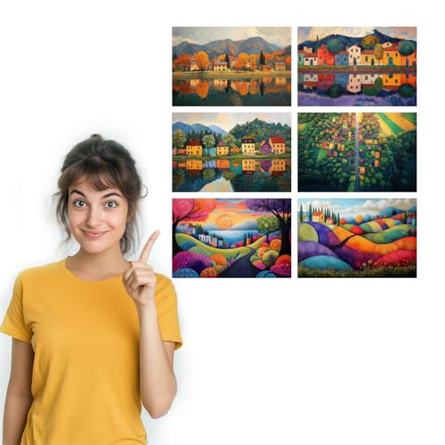 Image of SiddArtify Landscape Wall Art Poster Print Set - Colorful Village Poster Decor for Living Room Bedroom - 12x18 inch Sticker Pack of 6