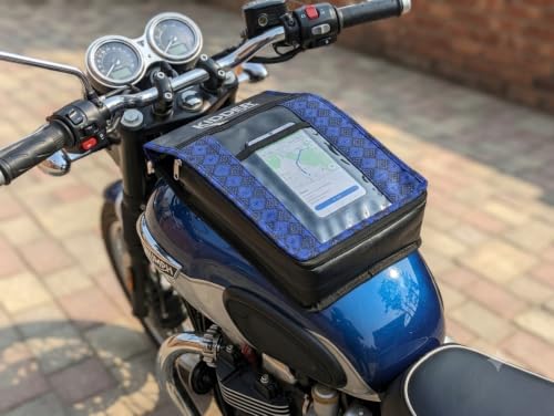 Image of Universal Bike Fuel Tank Bag with Clear Mobile Touch Pocket & Dual Zip | Rexine Leather Tank Cover Compatible with Splendor, Shine, SP 125, Pulsar, Platina, Glamour, Unicorn, Raider (Blue & Black)