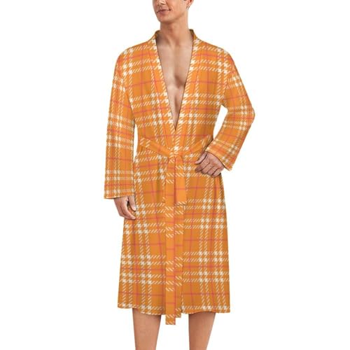 Peignoir homme léger imprimé écossais orange rétro style kimono
