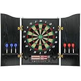 SPORTNOW Elektronische Dartscheibe E Dartboard mit Schrank Holzoptik LED Anzeige Sprachansagen, Dartautomat mit 6 Softdarts, 24 Ersatzspitzen, 25 Spiele, 202 Varianten, Dartscheibe Set für 1-8 Spieler
