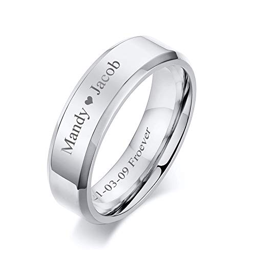 VNOX (Free Engraving) 6MM Stainless Steel Personalized Plain Band Ring for Men and Women,Silver,Size 7
