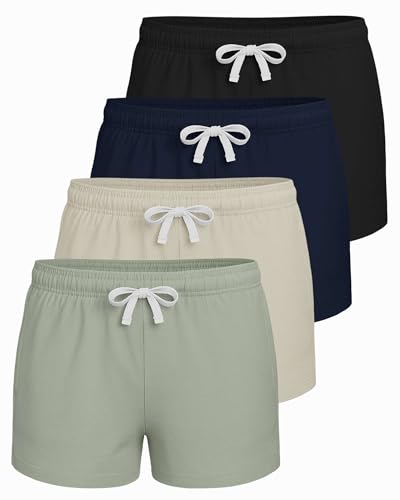 Image of Real Essentials 4 Pack: Girls French Terry Lounge Shorts - Ultra Soft Pull-On Gym, Camp, Sports & Everyday Shorts
