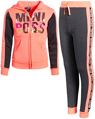 Real Love Girls' 2-Piece Athletic Fleece Jogger Set with Sequin Embroidered Jacket, Coral