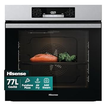 Hisense O65226AXS, Forno Elettrico da Incasso, Multifunzione Termoventilato con Vapore, Capienza XXL 77L, Pulizia AcquaClean, 13 Funzioni di Cottura Pizza 300°C e AirFry, Inox Anti-impronta