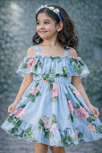 Image of Buy & Try Girls Summer Lightweight Georgette Floral Printed Frock Dress, Sleeveless Princess for Baby Girls, Stylish Fancy Kids Party & Casual Outfit