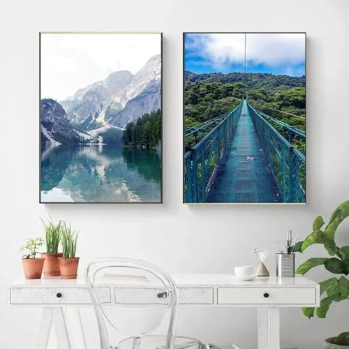 Peinture sur toile paysage scandinave moderne avec cadre 60x80 cm