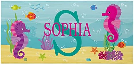 Let's Make Memories Personalized Kids Beach Towel - Custom Monogram & Name with Fun Beach Designs - Soft Cotton/Poly Blend - 30" W x 60" L - Name, Up to 10 Characters and Initial Monogram - Seahorse