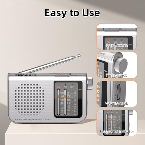 Radio portátil transistor AM FM con antena telescópica y sintonizador de rueda tradicional 5
