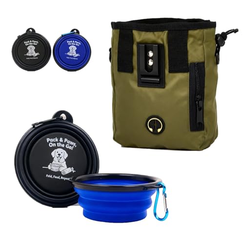 HJOCMLE Dog Treat Pouch and Collapsible Bowl Set for Training & Walking - Weatherproof Nylon Treat Bag with Multitasking Storage Pockets, Adjustable Belt & Shoulder Strap Suit for Pet Walking Hiking