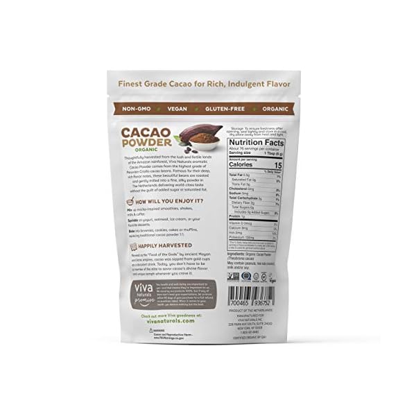 Viva-Naturals-1-Best-Selling-Certified-Organic-Cacao-Powder-from-Superior-Criollo-Beans-1-LB-Bag Viva Naturals Organic Cacao Powder, 1lb - Unsweetened Cacao Powder With Rich Dark Chocolate Flavor, Perfect for Baking & Smoothies, Non-GMO, Certified Vegan & Gluten-Free, 454 g