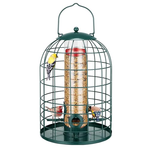 Kingsyard Caged Bird Feeder for Outdoor Hanging - Upgraded Metal Bird Feeder for Small Birds, Detachable Tube Feeder with 4 Feeding Ports & Perches, Easy to Clean & Refill, Green
