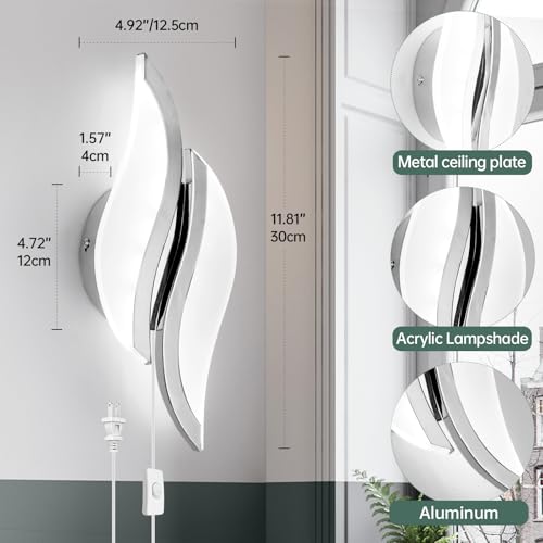 Image of CANEOE Plug in Wall Sconces Set of Two 6000K Chrome Modern LED Wall Light Fixtures Acrylic Wall Sconce Lighting for Living Room Bedroom Bedside Bathroom Hallway Stairway Wall Lamp