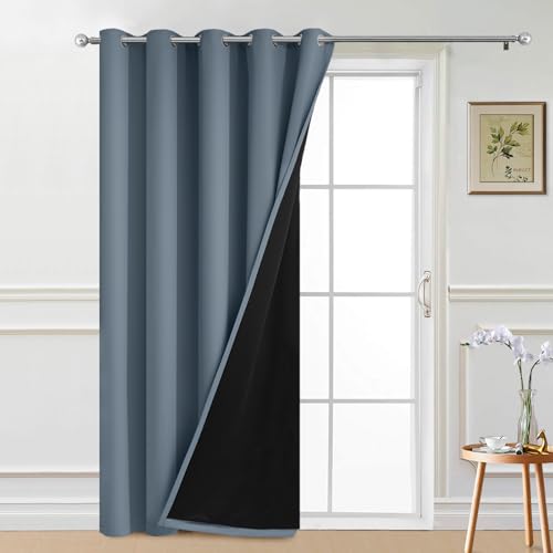 Image of Yakamok Stone Blue Blackout Patio Door Curtain Panels W70 x L84,1 Panel | Noise Reducing Barrier Panel for Sliding Glass Door, 2 Thick Layers Heat Full Light Blocking Patio Door Drapery