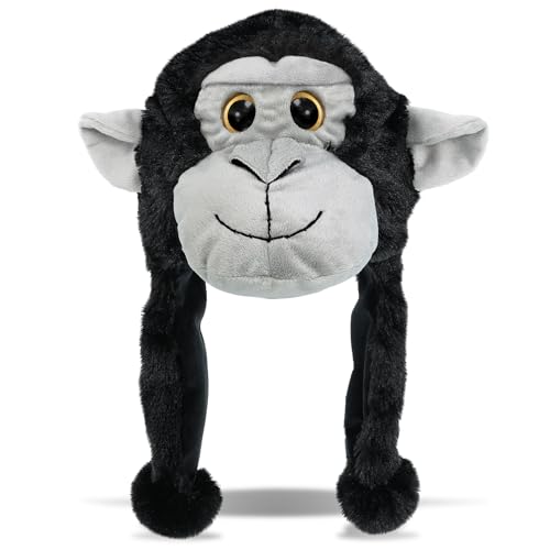 DolliBu Stuffed Animal Gorilla Plush Hat - Super Soft Warm Winter Hat with Ear Flaps Stuffed Animal Halloween Costume Toy Cozy Fleece Winter Headwear for Kids and Teens - One Size