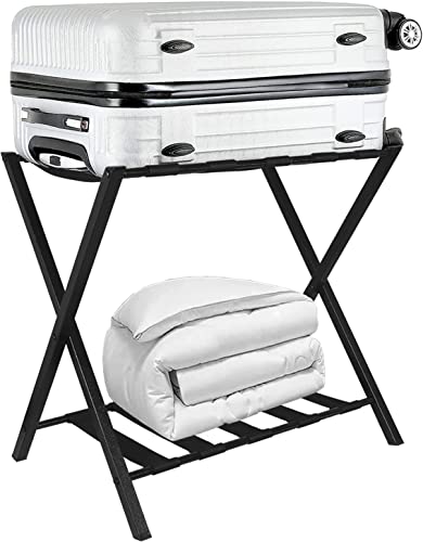 Heavy Duty Luggage Rack Folding Metal Suitcase Luggage Stand With Storage Shelf-2 Tiers, Black #TOP9