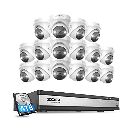 ZOSI 4K Kit de Cámaras de Vigilancia PoE 16pcs Cámaras de Seguridad Exterior con 16CH 8MP H.265+ Grabador NVR, Visión Nocturna en Color, Alarma de Luz y Sirena, Audio, 4TB HDD Incluido Blanc