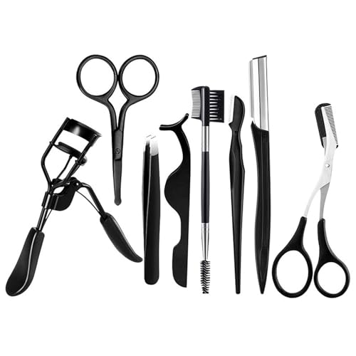 8ピース アイラッシュカーラーメイクアップツールセット、眉カミソリ、デュアルエンドブロウブラシ、アイブロウコームシザー、アイブロウトリマー、まつげエクステンションピンセットラッシュビューティーツール、ブロウグルーミングキット(ブラック)