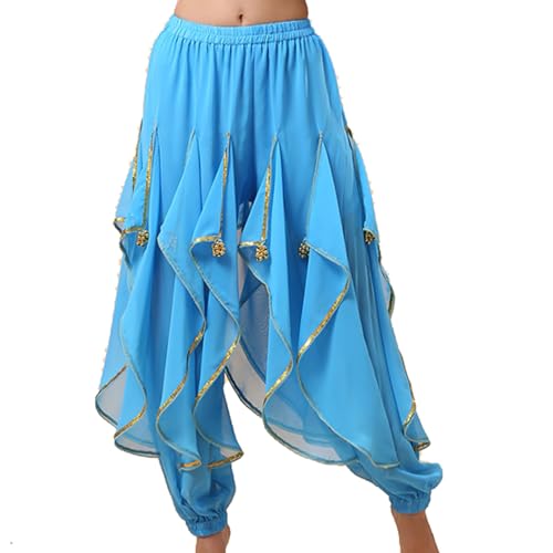Baisdan Pantalones de harén para danza del vientre, disfraz de danza árabe india, pantalones tribales ondulados, azul celeste, Talla única