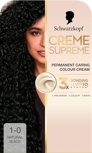 Schwarzkopf Creme Supreme 1-0 Natural Black Permanent Hair Dye Caring Hair Dye Colouration with 3-Step Bonding System Against Damage 100% Grey Coverage