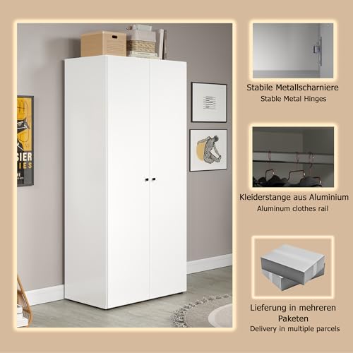 trendteam smart living - Basics - Kleiderschrank - Weiß - Garderobenschrank mit 2 Türen, 1 Hutablage und 1 Kleiderstange - (BxHxT) 81 x 176 x 51 cm - Moderner Stil