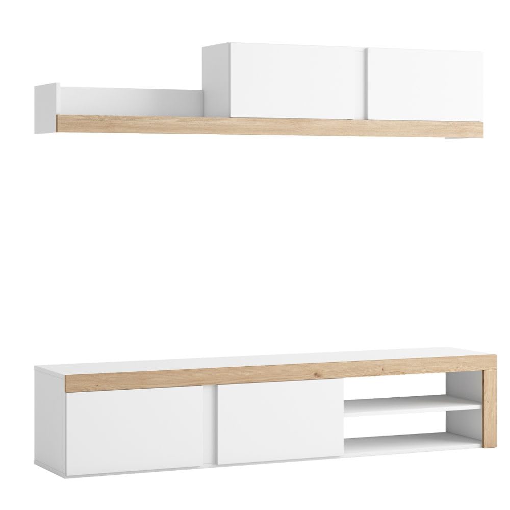 Mobelcenter, Mueble de Salón Fly 180, Módulo TV, Módulo Superior y Estante, Acabado en Color Blanco Mate y Naturale, Medidas: Ancho: 180 cm x Alto: 37,5 cm x Fondo: 39,6 cm (1448)