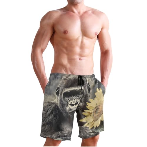 Men Swim Trunks-Gorilla Sunflower, Beach Shorts with Inner Lining Quick Dry Board Shorts S3