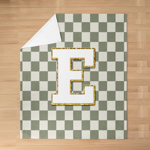 Image of Erosebridal Sage Green Checkered Fuzzy Plush Throw Plaid Initial E Fleece Blanket Personalized Monogram Flannel Blanket for Kids Boys Girls,Fashion Grids Gingham Decor for Bed Couch Baby 30 inchx40 inch
