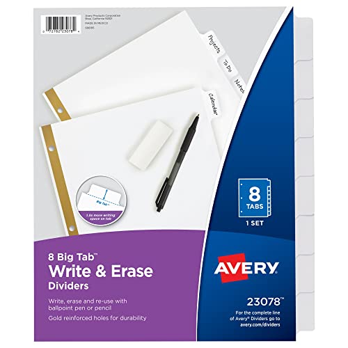 Avery 8-Tab Binder Dividers, Write & Erase White Big Tabs, 1 Set (23078)