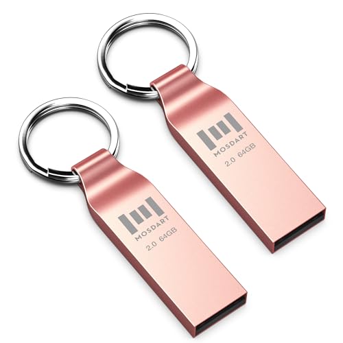 MOSDART 2 unidades de 64 GB Full Metal USB 2.0 Flash Drive ExFAT Thumb Drive con llavero 64 GB impermeable Jump Drive 64G Memory Stick para almacenamiento de datos y respaldo, oro rosa