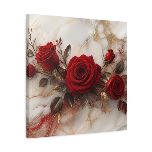 Tableau fleurs rouges sur toile effet marbre et or luxe de 50x50 cm