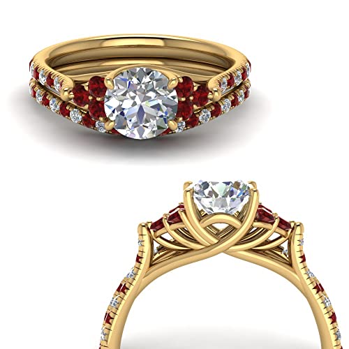 Image of Choose Your Gemstone Round Cut Petite Cathedral Wedding Ring Set Yellow Gold Plated Round Shape Wedding Ring Sets Matching Jewelry Wedding Jewelry Easy to Wear Gifts US Size 4 to 12