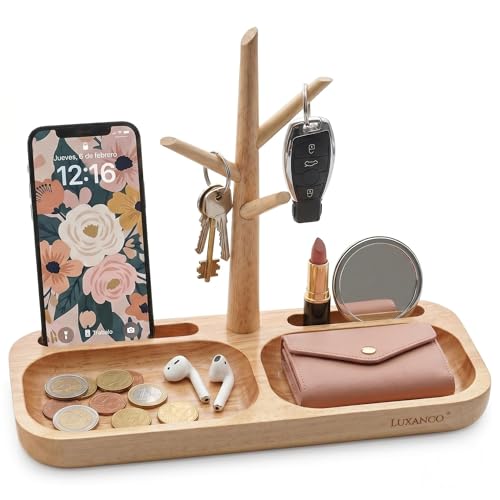LUXANCO® Vaciabolsillos Recibidor - Bandeja Madera Decorativa con Colgador Llaves, Soporte Movil Mesa Ideal para Entraditas Recibidores - Bandejas Decorativas Porta Chaves con Atril para Movil Marrón
