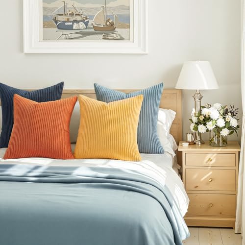 Image of Topfinel Burnt Orange and Blue Couch Pillows Pack of 4 Decorative 16x16 Inch Velvet Pillow Covers for Bed Accent Modern Corduroy Pillowcase Sofa Livingroom Home Decor