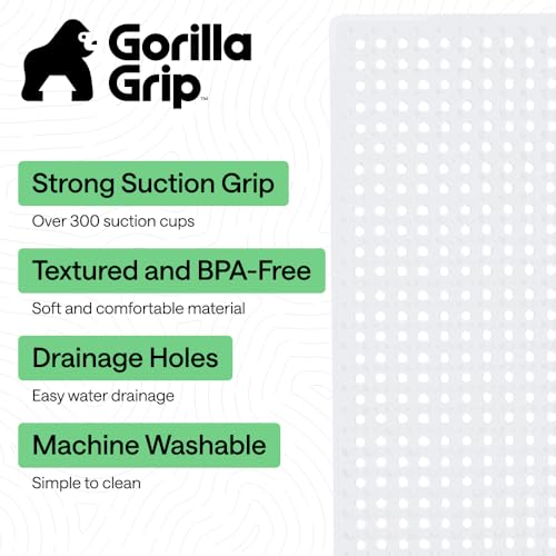 Image of GORILLA GRIP Patented Bath Tub Shower Mat, Machine Washable Bathtub Floor Liner Mats, Suction Cups and Drain Holes to Keep Tubs Clean, Soft on Feet, Bathroom Essentials, 35x16 Inch, White