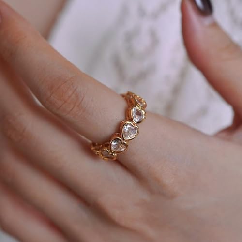 Sparkle Diamond Heart Open Statement Ring 14k Gold Plated Cubic Zirconia Love Hearts Expandable Stacking Knuckle Finger Bands Wedding Engagement Promise Eternity Adjustable Rings Dainty Valentine's2